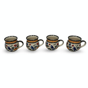 Polish Pottery Halloween Bubble Mugs 3.5" Spooky Ghosts Bats Pumpkins Lot of 4